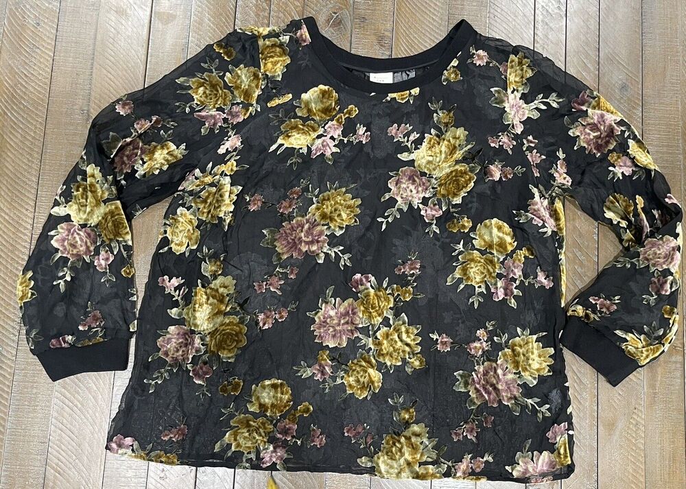 A New Day Shirt Womens Black Sheer Floral Long Sleeve Blouse Top Velvet XXL